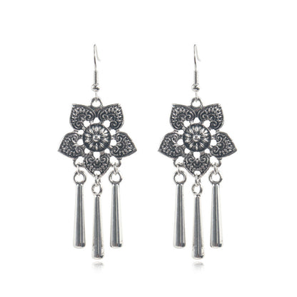 Silver-Plated Flower Tassel Drop Earrings, silver drop earrings for women, vintage-inspired design, side view