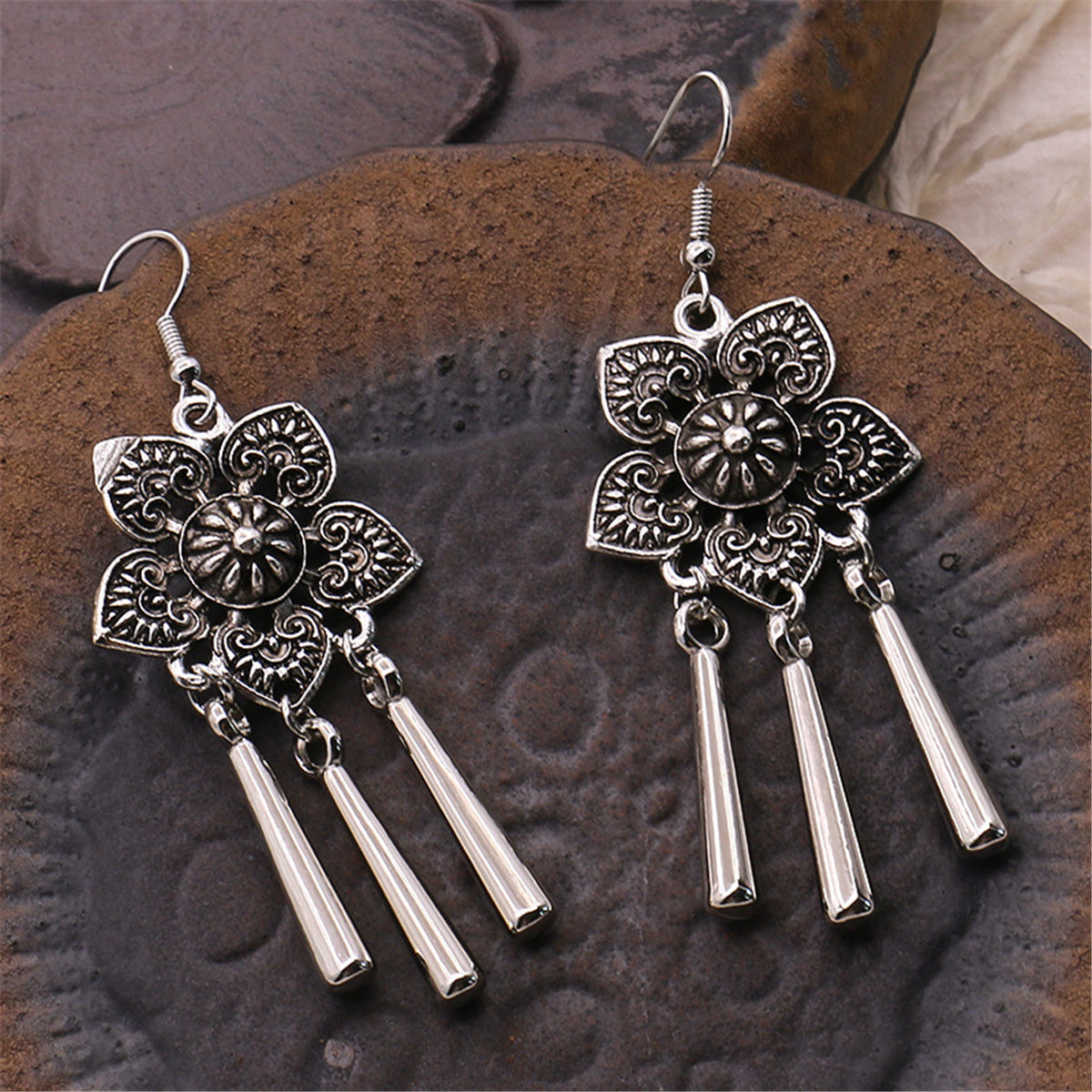 Silver-Plated Flower Tassel Drop Earrings, silver drop earrings for women, vintage-inspired design, front view