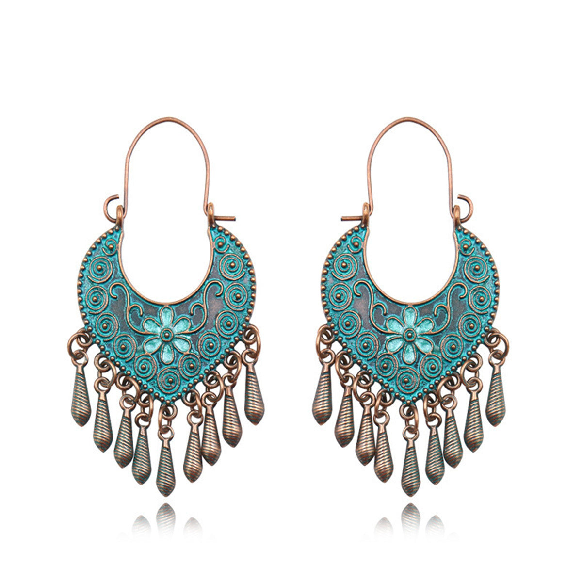 Teal Enamel and 18K Gold-Plated Flower Drop Earrings, gold drop earrings for women, vintage-inspired design, front view