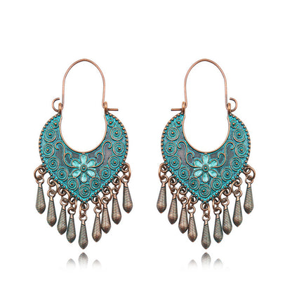 Teal Enamel and 18K Gold-Plated Flower Drop Earrings, gold drop earrings for women, vintage-inspired design, front view