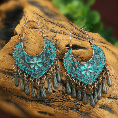 Teal Enamel and 18K Gold-Plated Flower Drop Earrings, gold drop earrings for women, vintage-inspired design, side view