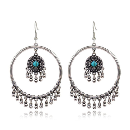 Turquoise and Silver-Plated Big Circle Drop Earrings, silver drop earrings for women, botanical inspired, detail close-up