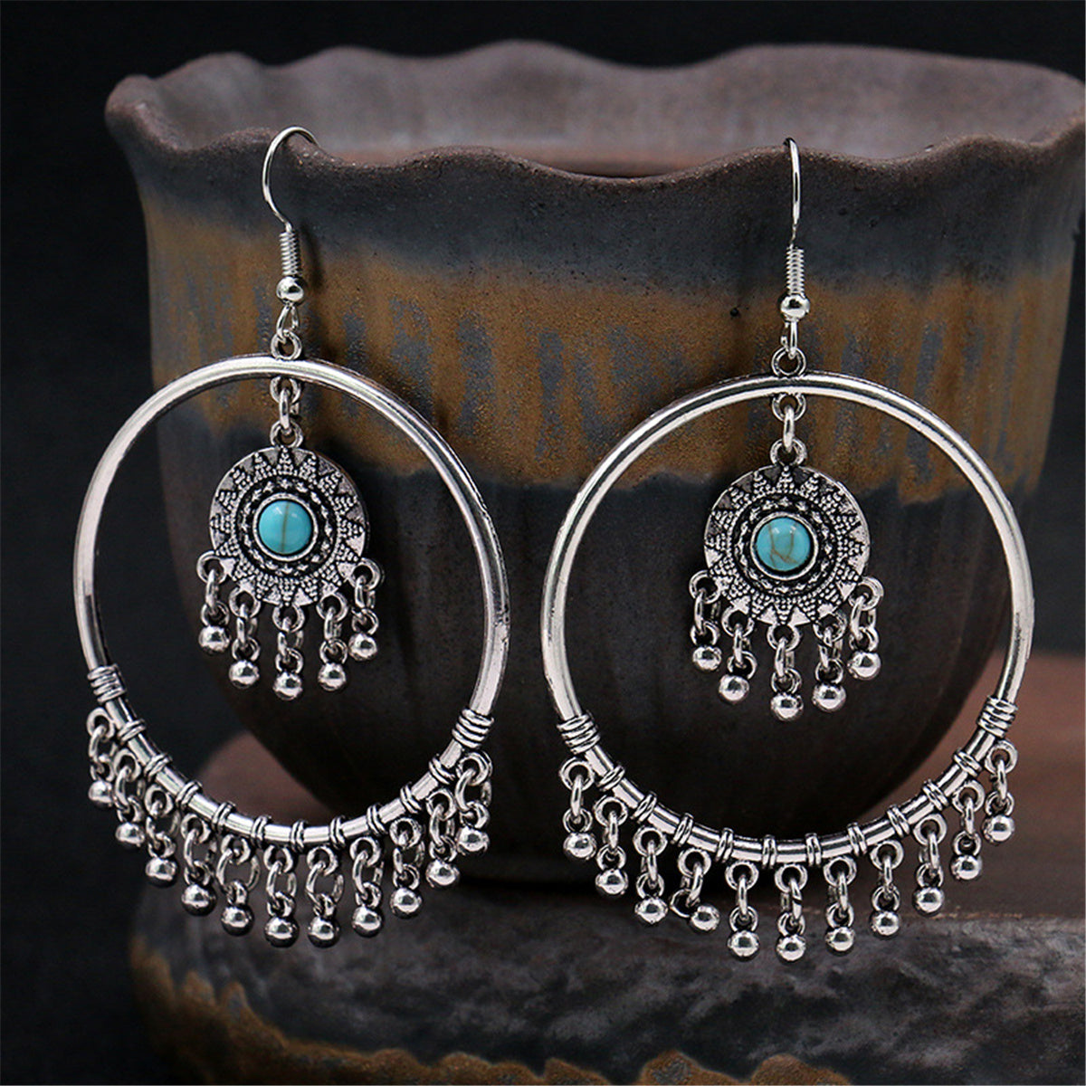 Turquoise and Silver-Plated Big Circle Drop Earrings, silver drop earrings for women, botanical inspired, front view