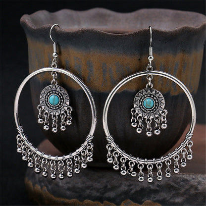 Turquoise and Silver-Plated Big Circle Drop Earrings, silver drop earrings for women, botanical inspired, front view