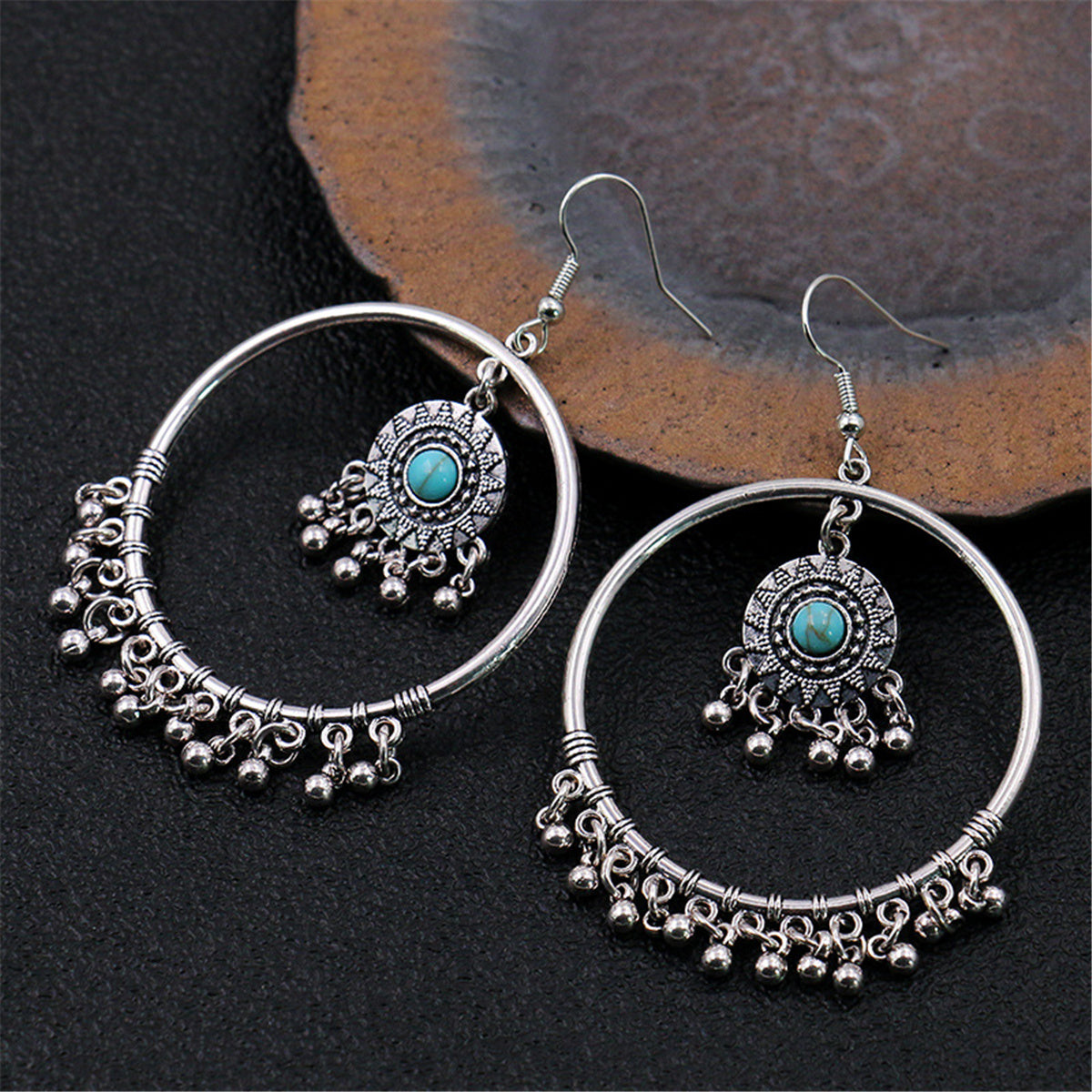Turquoise and Silver-Plated Big Circle Drop Earrings, silver drop earrings for women, botanical inspired, side view