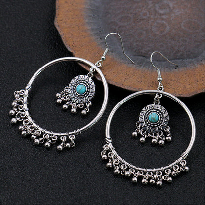Turquoise and Silver-Plated Big Circle Drop Earrings, silver drop earrings for women, botanical inspired, side view