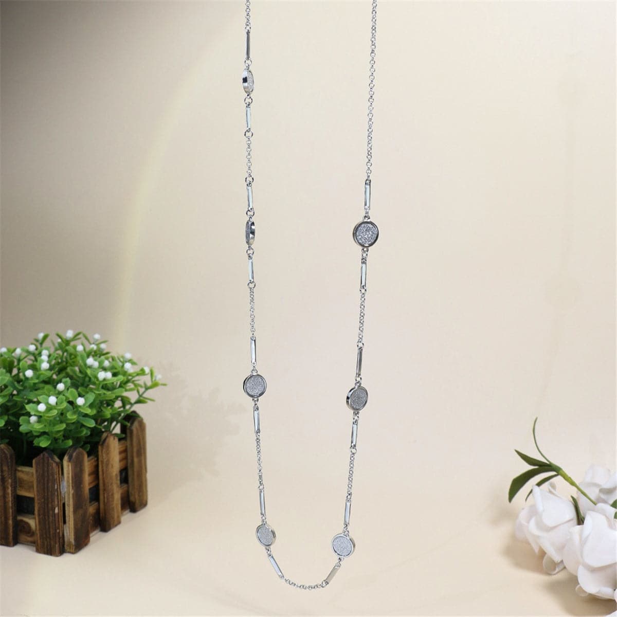 Polystyrene and Silver-Plated Station Necklace, silver pendant necklace for women, dainty minimalist design, front view