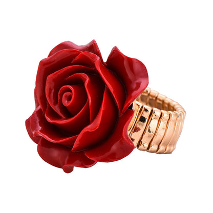 Red and 18K Gold-Plated Rose Stretch Ring, gold statement rings for women, vintage-inspired design, front view