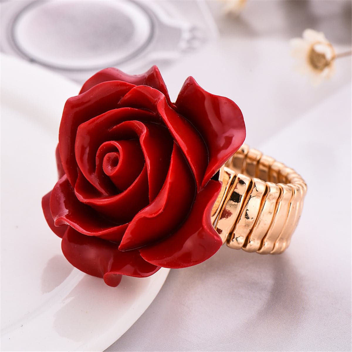 Red and 18K Gold-Plated Rose Stretch Ring, gold statement rings for women, vintage-inspired design, side view