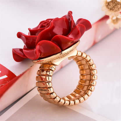 Red and 18K Gold-Plated Rose Stretch Ring, gold statement rings for women, vintage-inspired design, lifestyle look