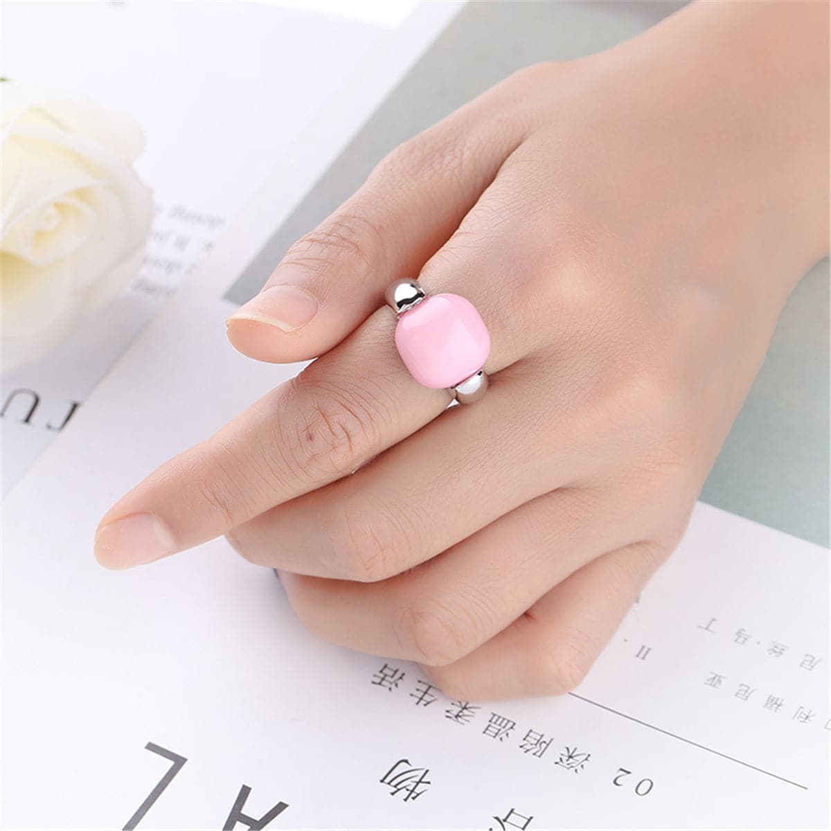Pink and Silver-Plated Geometric Statement Ring, silver statement rings for women, elegant gift for her, styled look