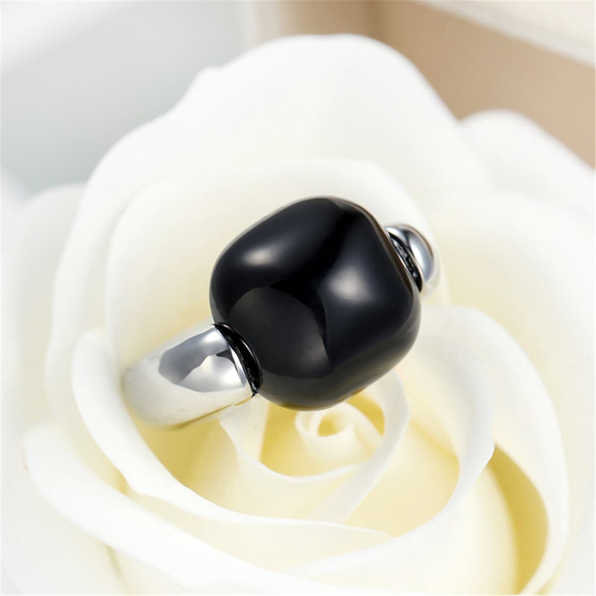 Black Princess-Cut Ring, statement rings for women, botanical inspired, lifestyle look