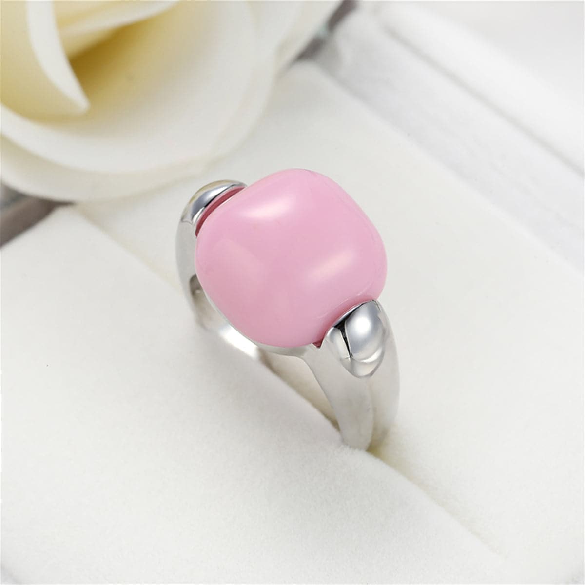Pink and Silver-Plated Geometric Statement Ring, silver statement rings for women, elegant gift for her, side view