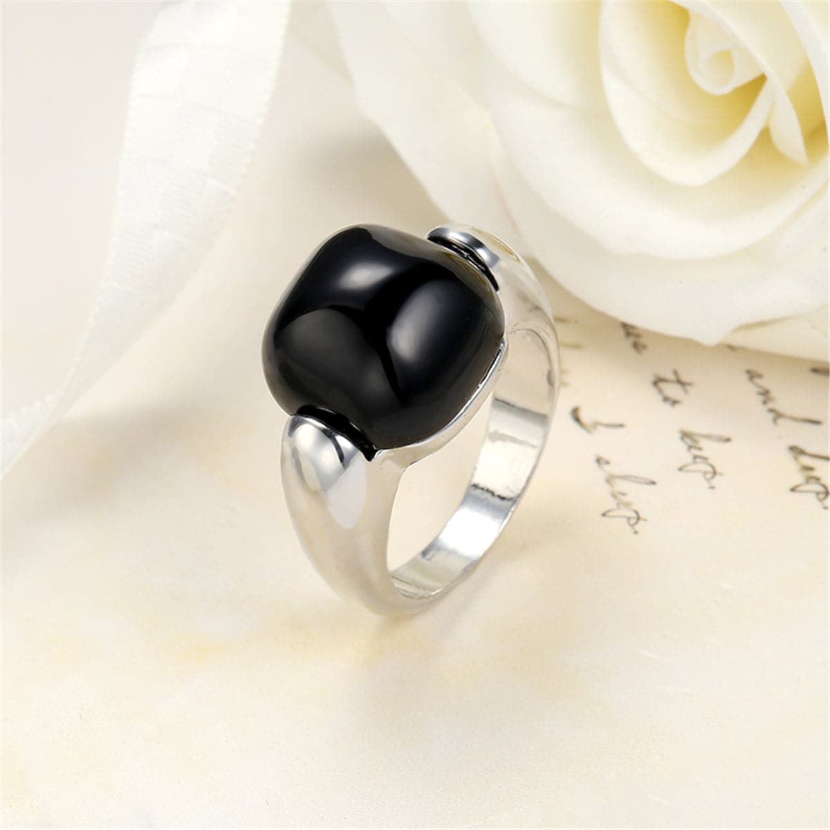 Black Princess-Cut Ring, statement rings for women, botanical inspired, front view