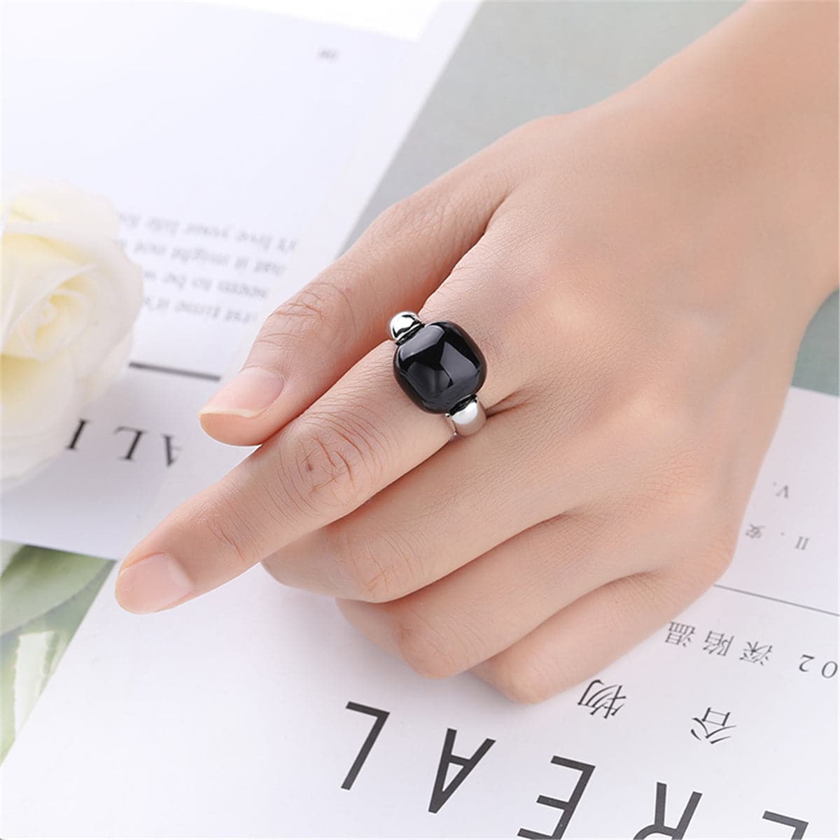 Black Princess-Cut Ring, statement rings for women, botanical inspired, styled look