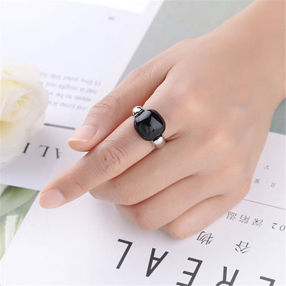 Black Princess-Cut Ring, statement rings for women, botanical inspired, styled look
