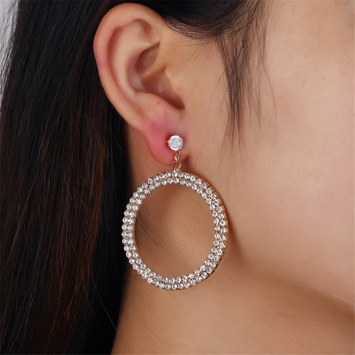 Cubic Zirconia and 18K Gold-Plated Pav¨¦ Circle Drop Earrings, gold drop earrings for women, botanical inspired, front view
