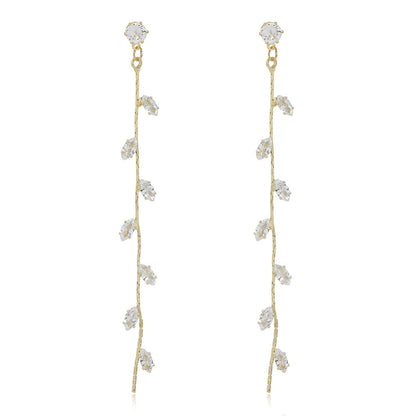 Crystal and 18K Gold-Plated Leaf Strand Drop Earrings, gold drop earrings for women, botanical inspired, side view