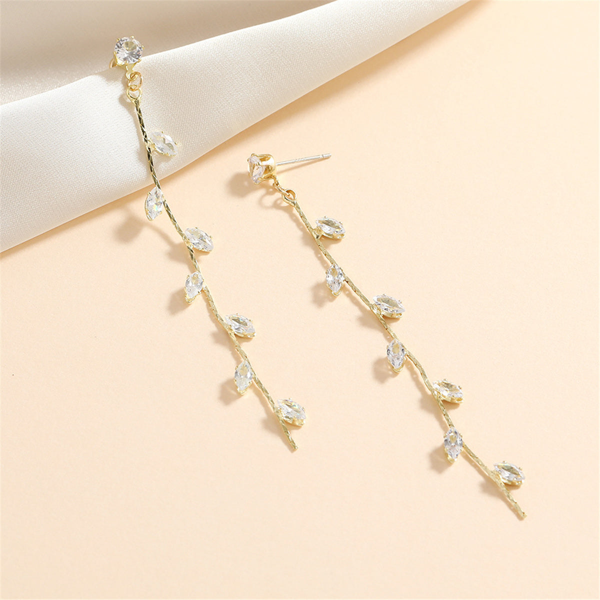 Crystal and 18K Gold-Plated Leaf Strand Drop Earrings, gold drop earrings for women, botanical inspired, lifestyle look