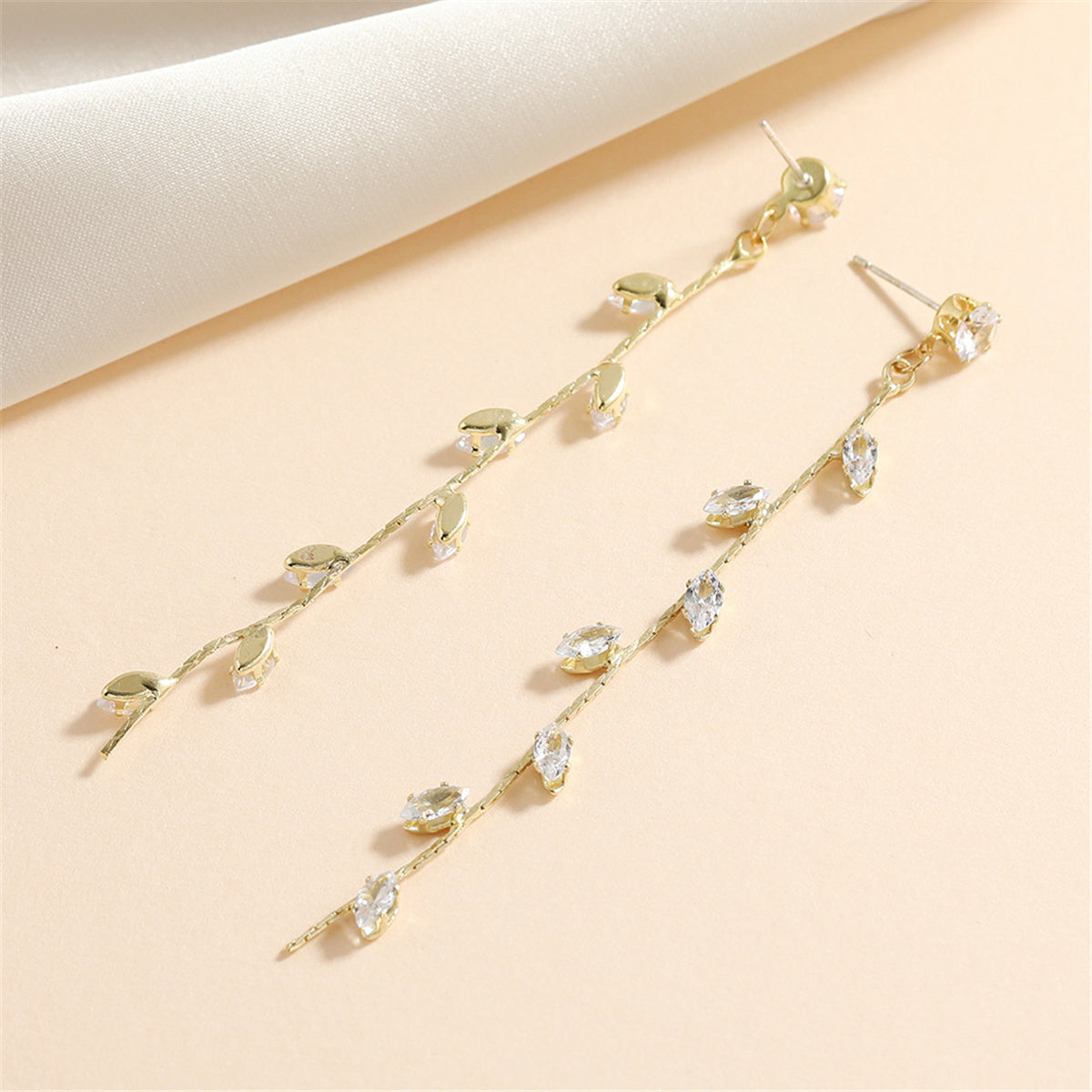 Crystal and 18K Gold-Plated Leaf Strand Drop Earrings, gold drop earrings for women, botanical inspired, styled look