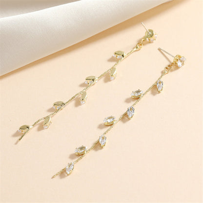 Crystal and 18K Gold-Plated Leaf Strand Drop Earrings, gold drop earrings for women, botanical inspired, styled look