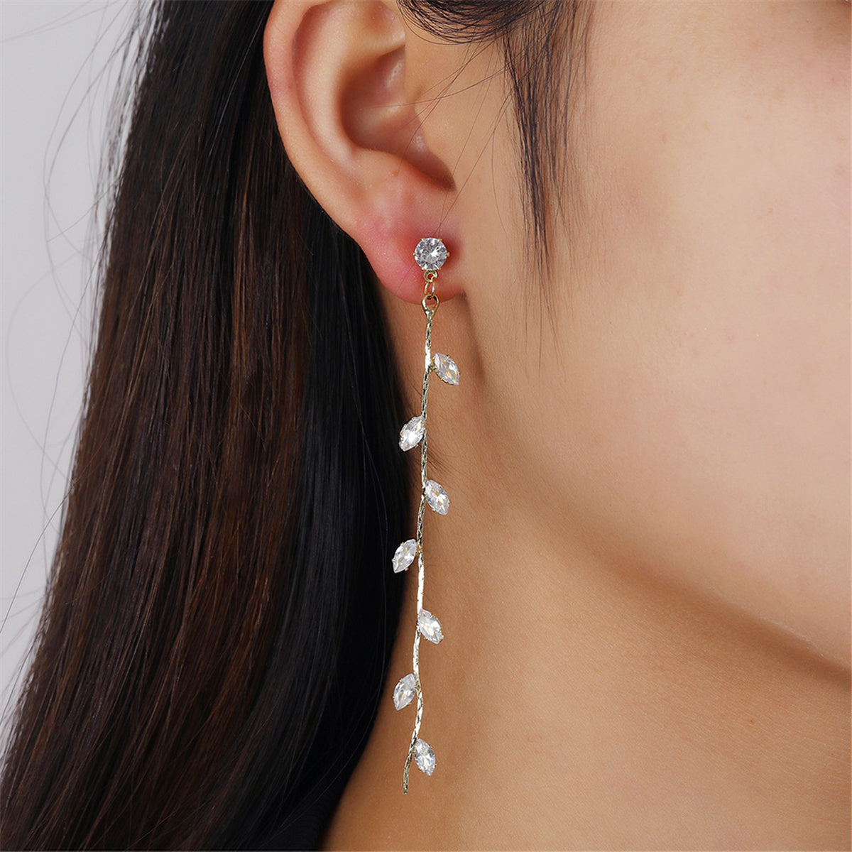 Crystal and 18K Gold-Plated Leaf Strand Drop Earrings, gold drop earrings for women, botanical inspired, front view