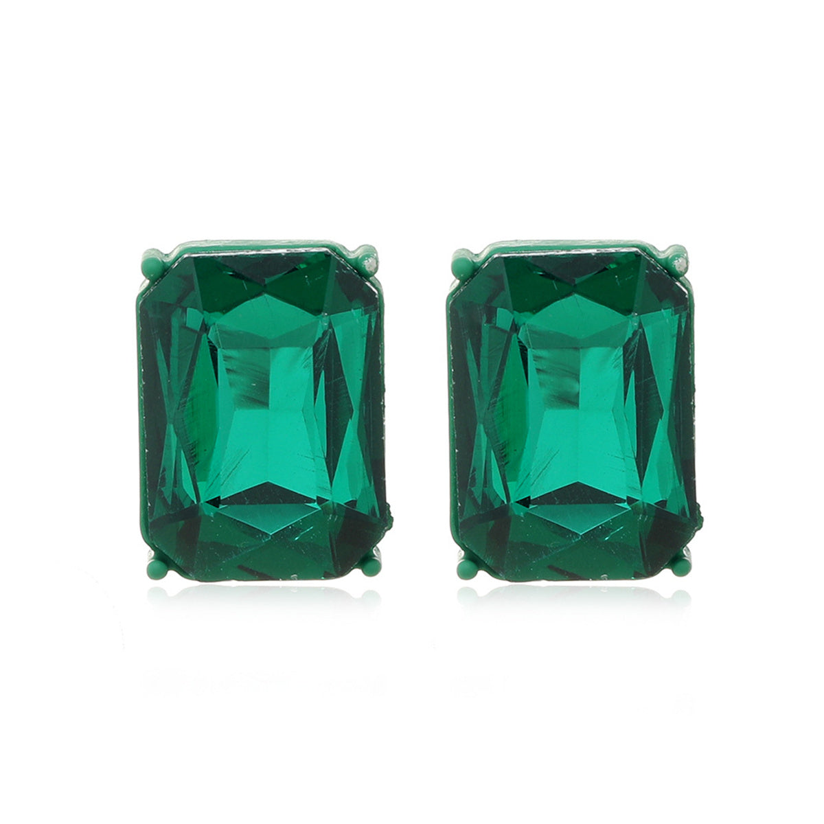 Green Crystal and Enamel Silver-Plated Rectangle Stud Earrings, silver stud earrings for women, detail close-up