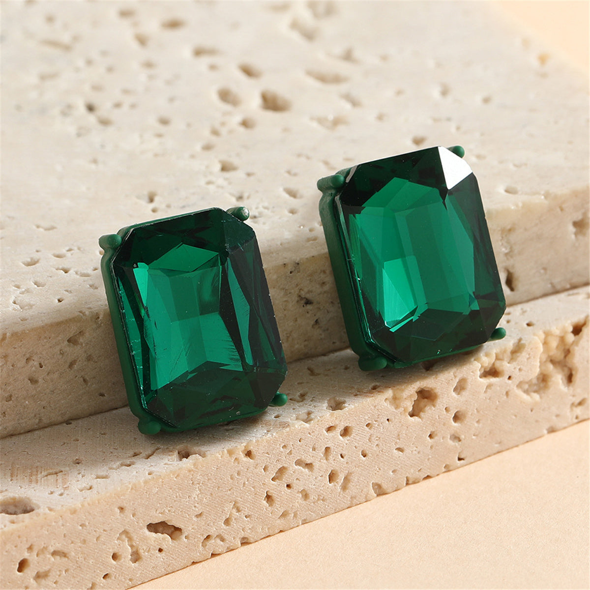 Green Crystal and Enamel Silver-Plated Rectangle Stud Earrings, silver stud earrings for women, front view