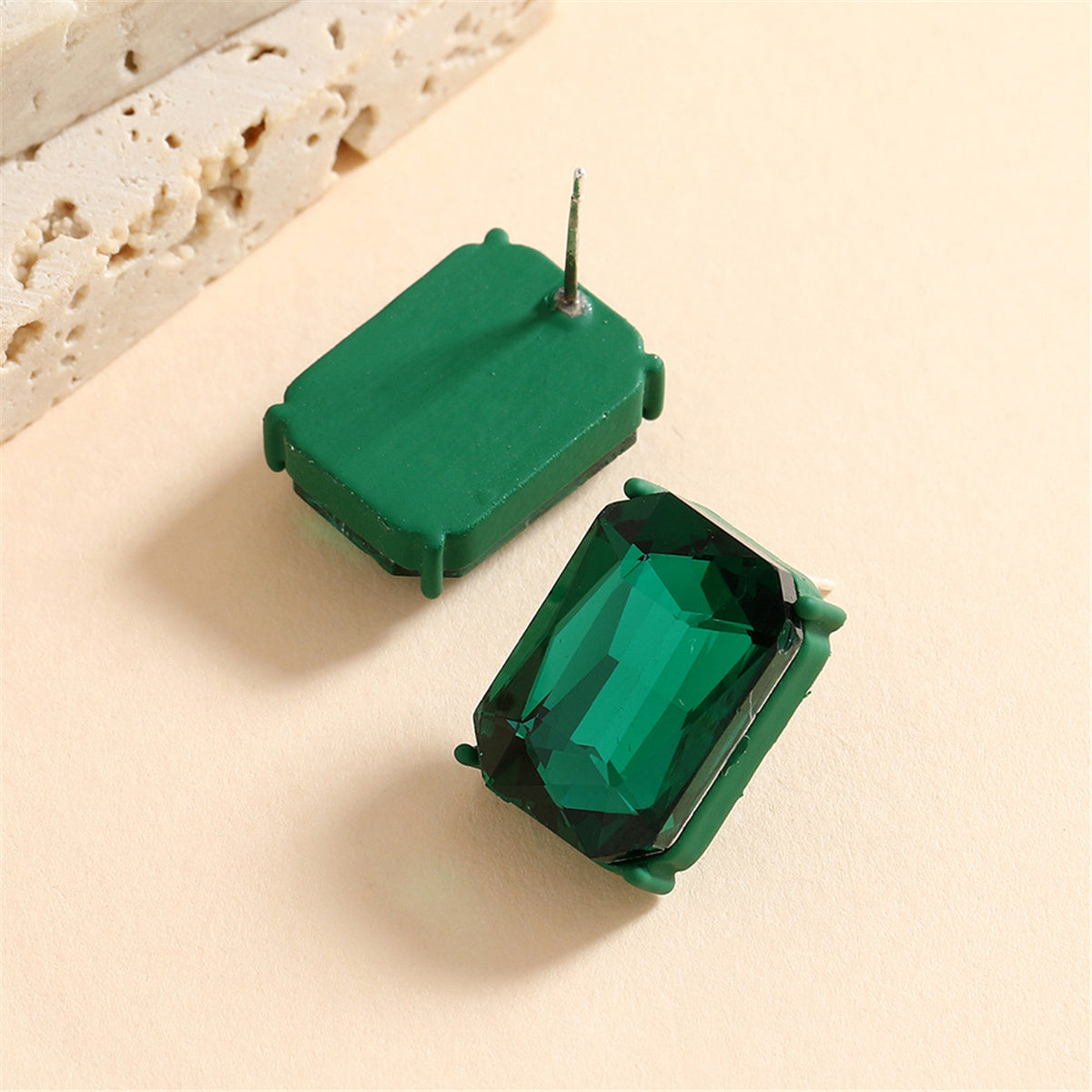 Green Crystal and Enamel Silver-Plated Rectangle Stud Earrings, silver stud earrings for women, lifestyle look