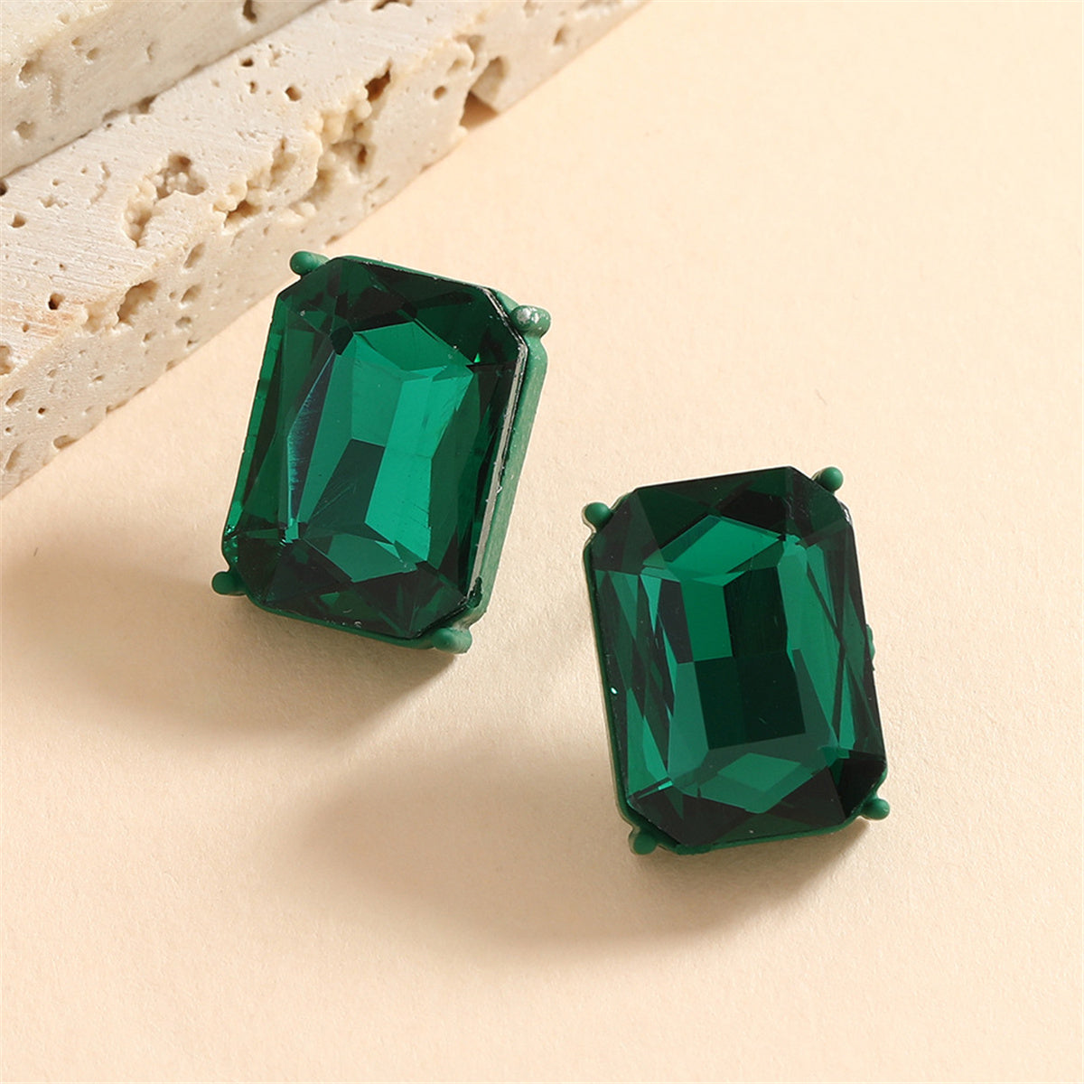 Green Crystal and Enamel Silver-Plated Rectangle Stud Earrings, silver stud earrings for women, styled look
