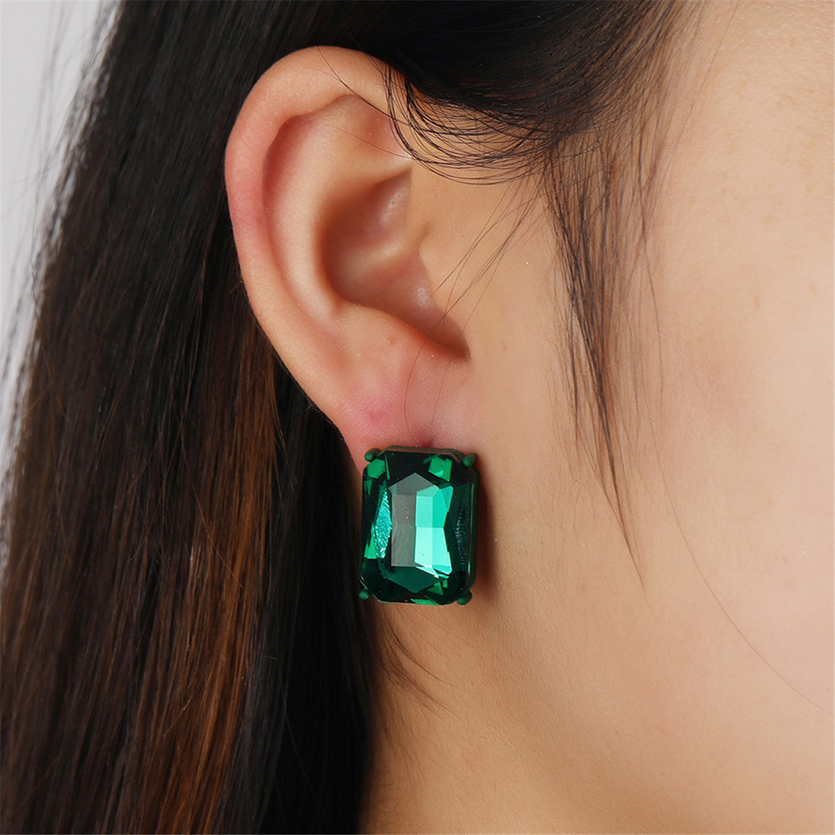 Green Crystal and Enamel Silver-Plated Rectangle Stud Earrings, silver stud earrings for women, side view