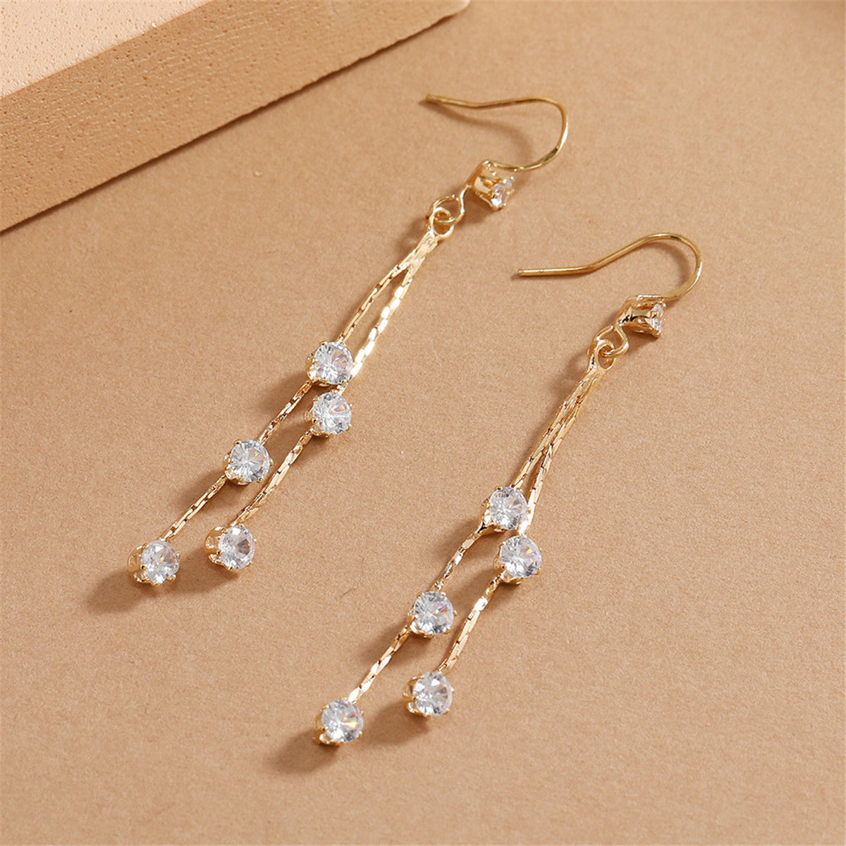 Cubic Zirconia and 18K Gold-Plated Strand Drop Earrings, gold drop earrings for women, everyday style, detail close-up