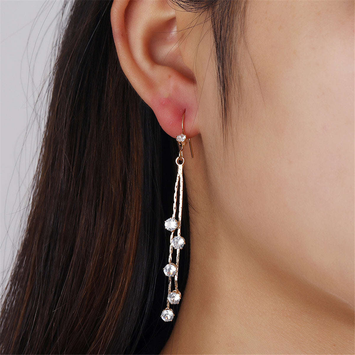 Cubic Zirconia and 18K Gold-Plated Strand Drop Earrings, gold drop earrings for women, everyday style, front view