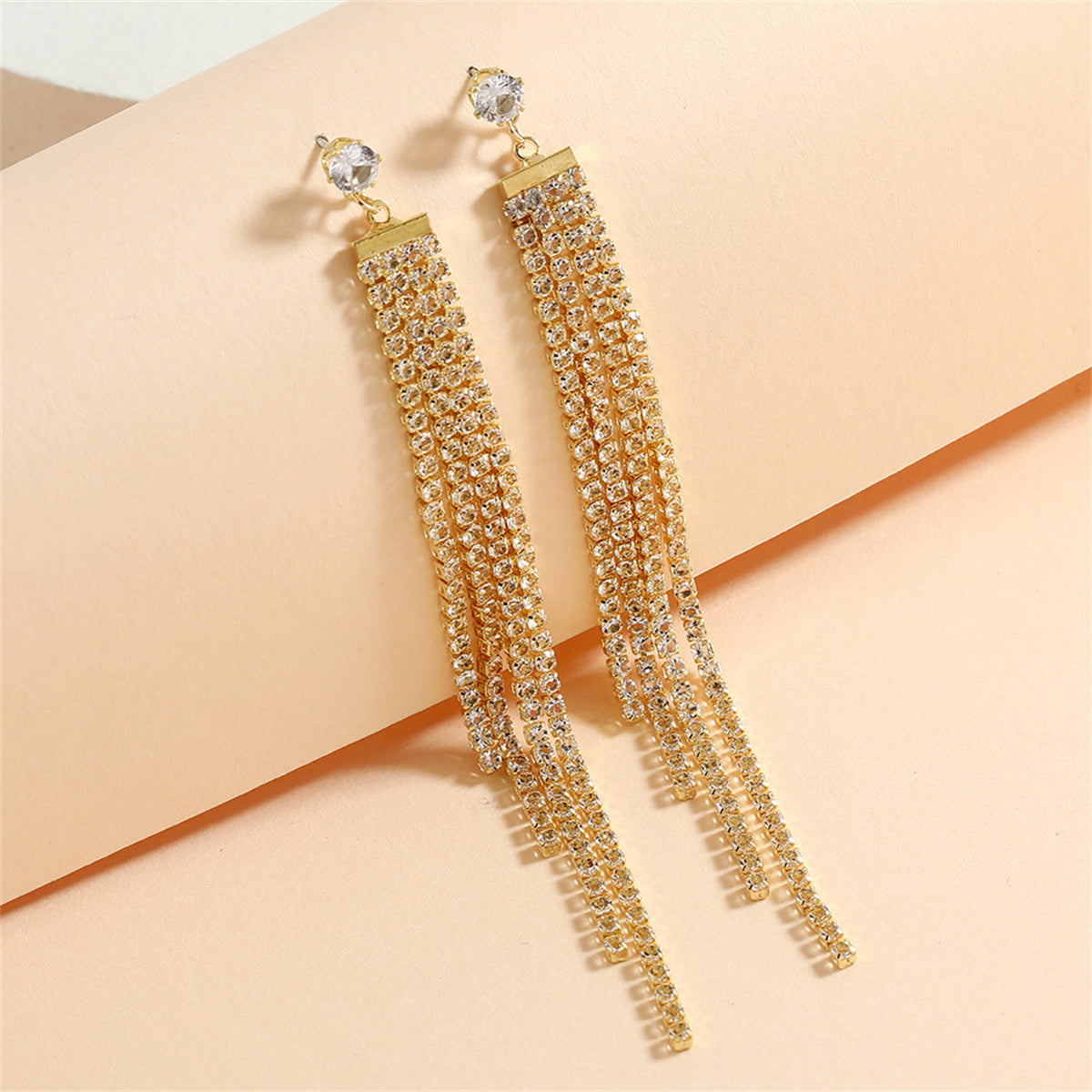 Cubic Zirconia and 18K Gold-Plated Tassel Drop Earrings, gold drop earrings for women, botanical inspired, detail close-up
