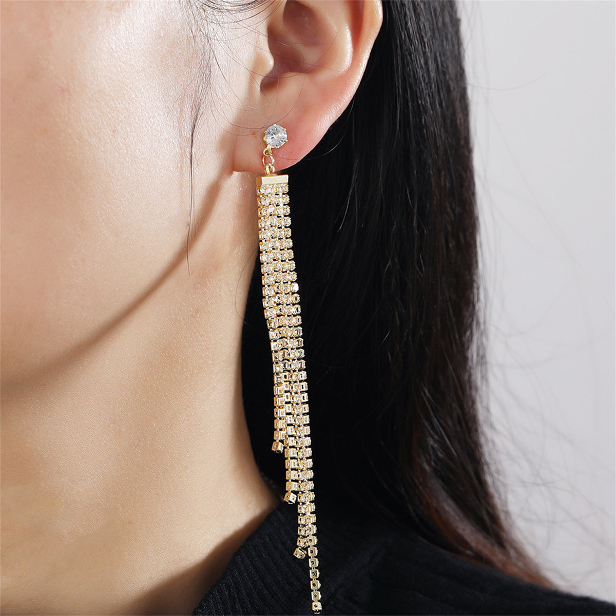 Cubic Zirconia and 18K Gold-Plated Tassel Drop Earrings, gold drop earrings for women, botanical inspired, front view