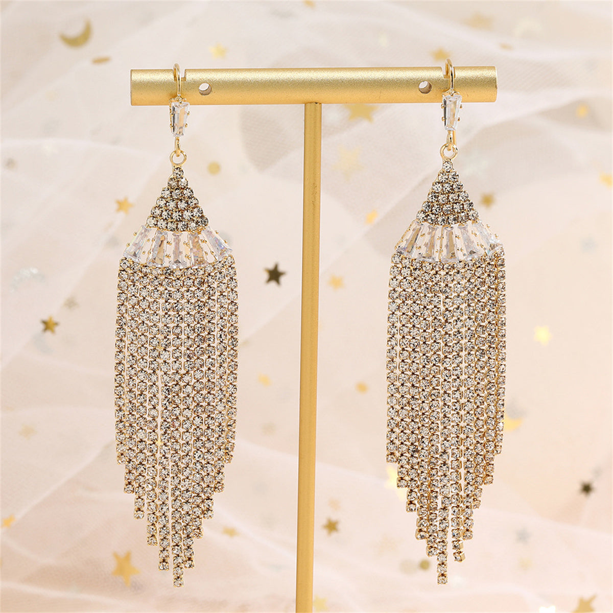 Cubic Zirconia and Crystal 18K Gold-Plated Tower Tassel Drop Earrings, gold drop earrings for women, detail close-up