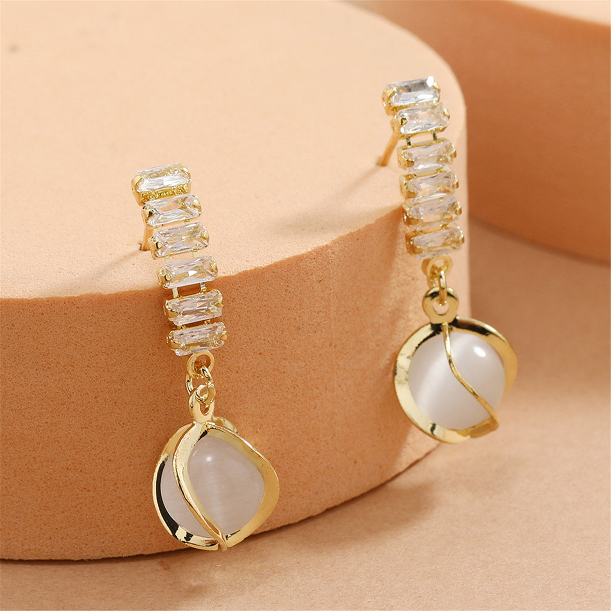 Crystal and Cats Eye 18K Gold-Plated Lantern Drop Earrings, gold drop earrings for women, everyday style, detail close-up