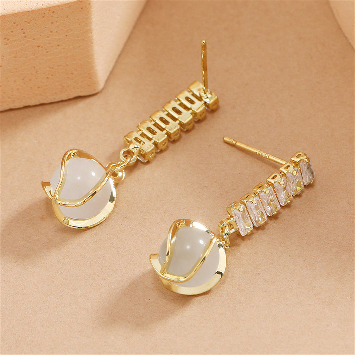 Crystal and Cats Eye 18K Gold-Plated Lantern Drop Earrings, gold drop earrings for women, everyday style, lifestyle look