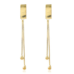 Stunning 18K gold-plated earrings with a sleek rectangular bar and two small balls, perfect for any stylish occasion.