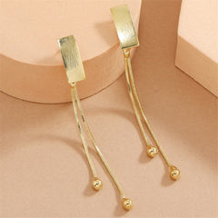 Elegant 18K gold-plated earrings featuring a rectangular bar design with two delicate beaded tassels for a chic look.
