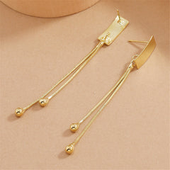 Chic 18K gold-plated drop earrings showcasing a rectangular bar and two small beads, ideal for elevating your outfit.