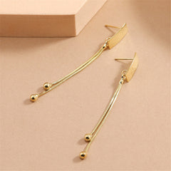 Fashionable 18K gold-plated earrings designed with a rectangular bar and two small balls, adding a touch of elegance.
