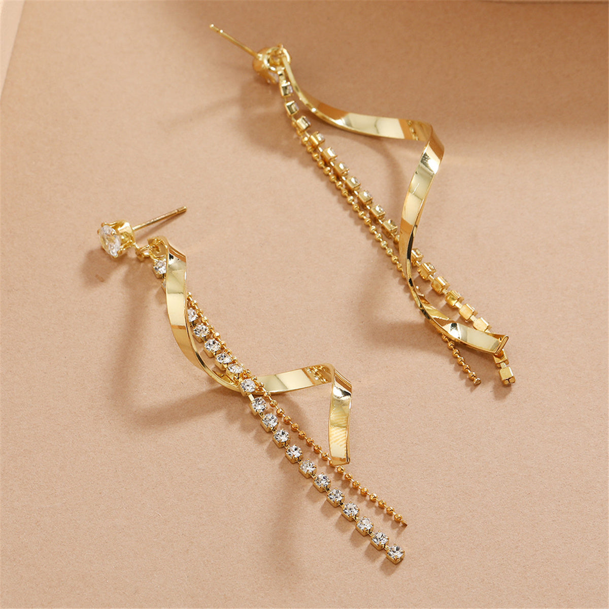 Cubic Zirconia & 18K Gold-Plated Twisted Tassel Drop Earrings
