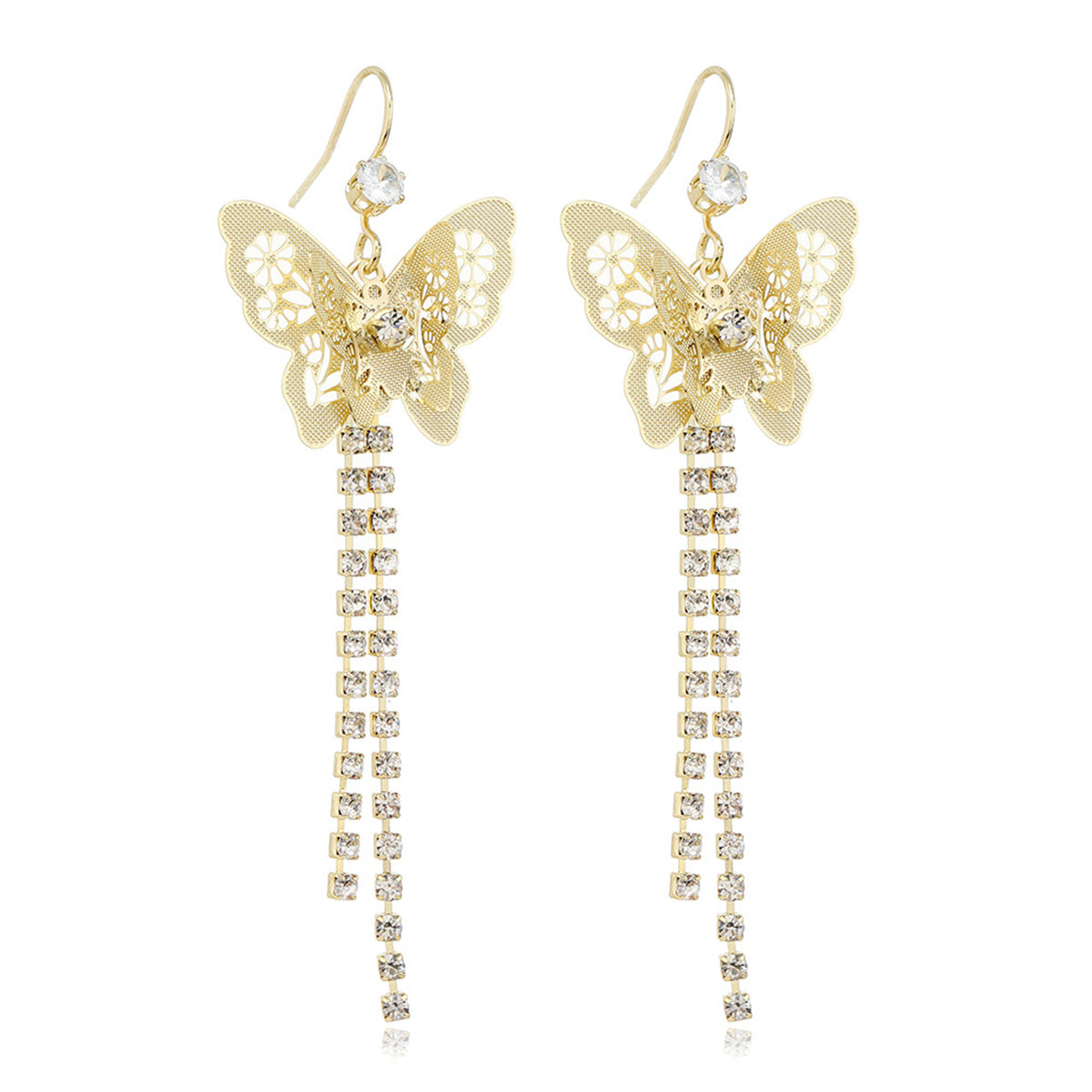 Cubic Zirconia and 18K Gold-Plated Butterfly Tassel Drop Earrings, gold drop earrings for women, front view