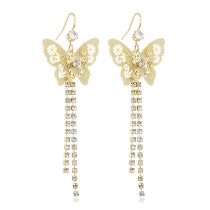 Cubic Zirconia and 18K Gold-Plated Butterfly Tassel Drop Earrings, gold drop earrings for women, front view
