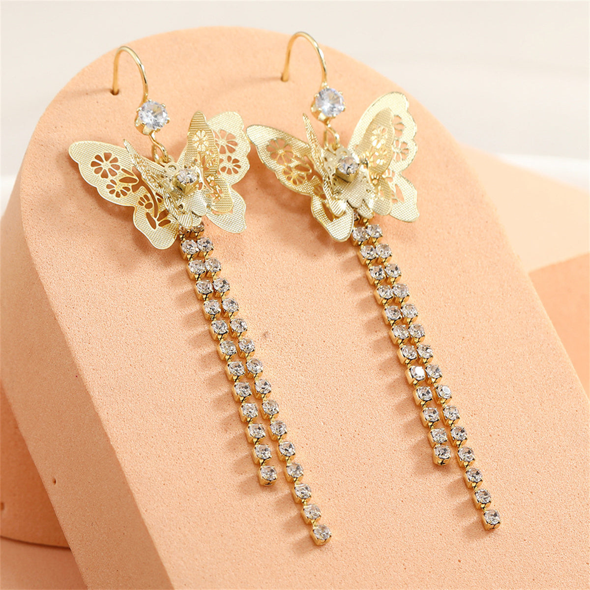 Cubic Zirconia and 18K Gold-Plated Butterfly Tassel Drop Earrings, gold drop earrings for women, lifestyle look