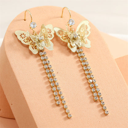 Cubic Zirconia and 18K Gold-Plated Butterfly Tassel Drop Earrings, gold drop earrings for women, lifestyle look