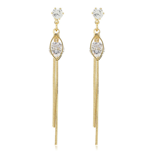 Cubic Zirconia and 18K Gold-Plated Eye Tassel Drop Earrings, gold drop earrings for women, everyday style, front view