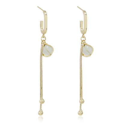 Cats Eye and 18K Gold-Plated Lantern Tassel Drop Earrings, gold drop earrings for women, vintage-inspired design, side view