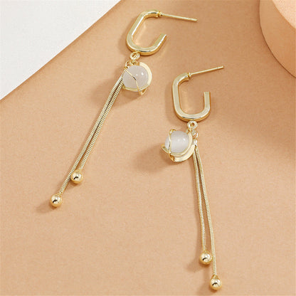 Cats Eye and 18K Gold-Plated Lantern Tassel Drop Earrings, gold drop earrings for women, detail close-up